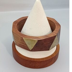 Vintage 70's Retro Mixed Media Wood and Brass Triangular Shapes Bangle Bracelet